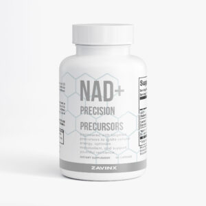 ZAVINX NAD+ Precision Precursors supplement bottle – NMN, Resveratrol, and Quercetin for cellular energy and rejuvenation.